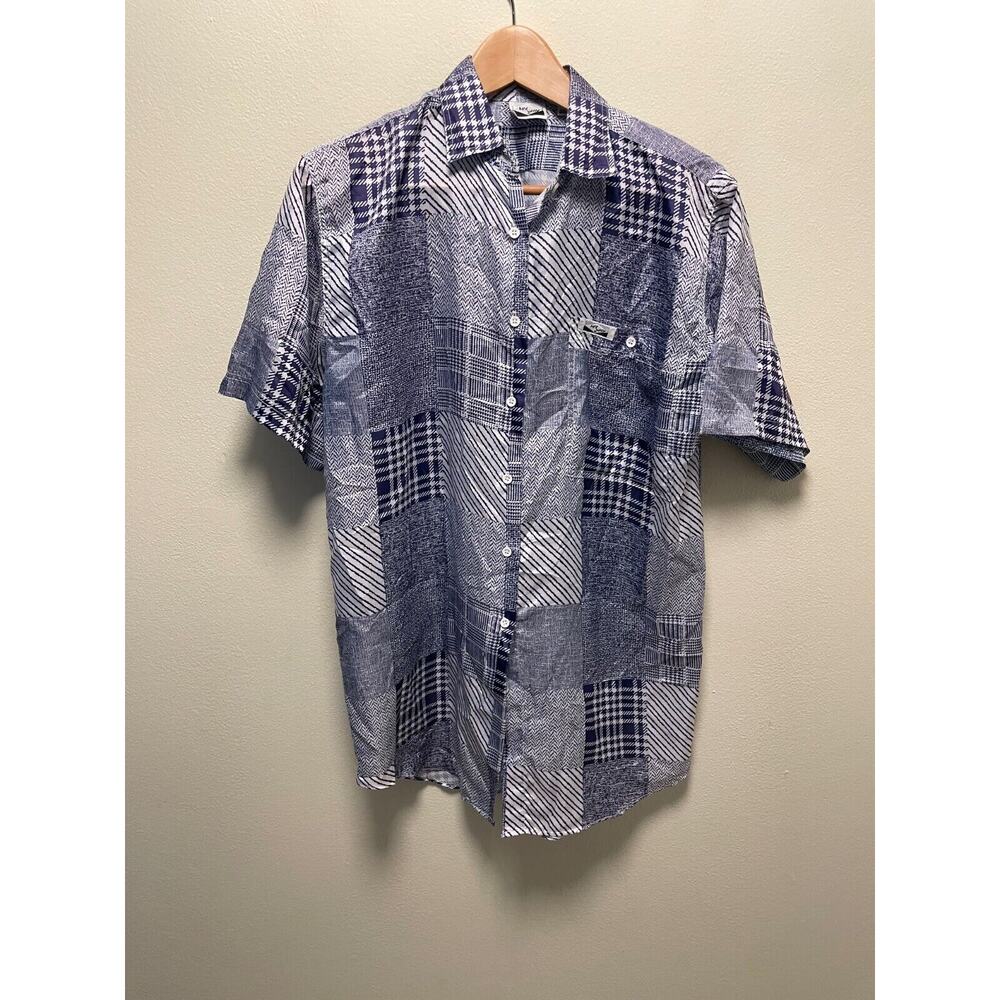 Vintage My Way Womens Top Small Blue Mixed Media Satin Button Up Artsy 90s Y2K